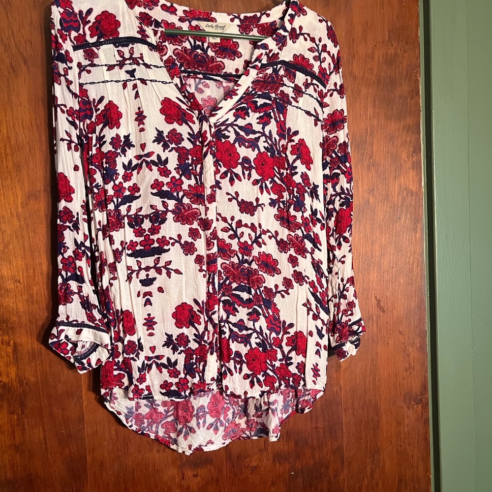 Lucky Brand Cream Blouse with Red Floral Print